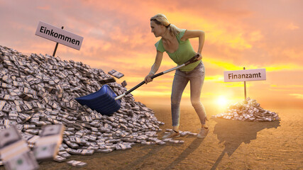 Frau schaufelt Geld - Steuern und Abgaben an das Finanzamt © Mediaparts