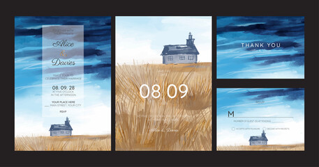 wedding invitation, with watercolor landscape church illustration.