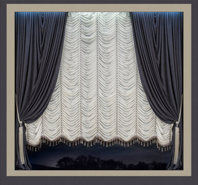 Monochrome interior design in traditional and modern styles. Gray straight and white French curtains on the window