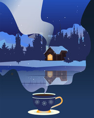 Coffee cup with beautiful Snowy winter house on river bank with smoke from chimney. Winter snow landscape silhouette. Editable vector illustration background