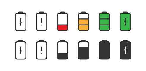 Battery icon. Phone full, low, charger sign. Accumulator energy simbol in vector flat