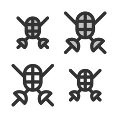 Pixel-perfect linear icon of swordplay  built on two base grids of 32 x 32 and 24 x 24 pixels. The initial base line weight is 2 pixels. In two-color and one-color versions. Editable strokes