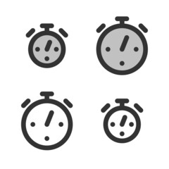 Pixel-perfect linear icon of stopwatch  built on two base grids of 32 x 32 and 24 x 24 pixels. The initial base line weight is 2 pixels. In two-color and one-color versions. Editable strokes
