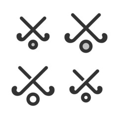 Pixel-perfect linear icon of a field hockey built on two base grids of 32 x 32 and 24 x 24 pixels. The initial base line weight is 2 pixels. In two-color and one-color versions. Editable strokes