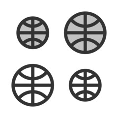 Pixel-perfect linear icon of basketball built on two base grids of 32 x 32 and 24 x 24 pixels. The initial base line weight is 2 pixels. In two-color and one-color versions. Editable strokes
