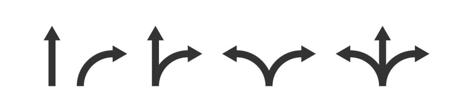 Road way arrow icon set. Two way, three way arrow sign. Right and left direction in vector flat