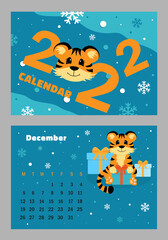 Vector horizontal calendar 2022 with symbol of the year tiger. Cute funny character little tiger. Week starts on Monday. A set of page December and cover in size A3, A4, A5. Colorful design. EPS10.