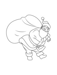 Cute Santa Claus with huge bag. Black and white Christmas coloring page for kids.