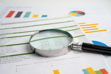 Magnifying glass on charts graphs paper. Financial development, Banking Account, Statistics,...