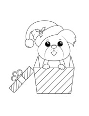 Coloring page with little puppy in the gift box with santa's cap, animal black and white. Vector illustration on transparent background, template for kids coloring book.