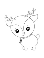Cute kawaii deer with bell. Black and white Christmas coloring page for kids.