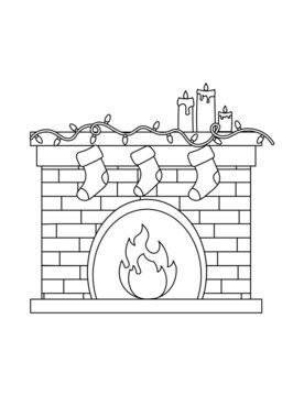 Cute fireplace ornate with stockings and Christmas lights. Black and white Christmas coloring page for kids.