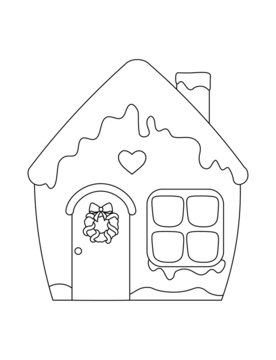 Cute gingerbread house with heart and Christmas wreath. Black and white Christmas coloring page for kids.