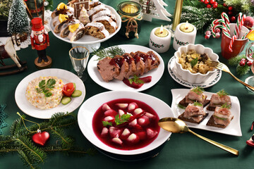 Fototapeta na wymiar Traditional Christmas Eve dishes on festive table