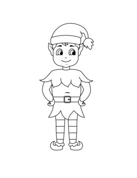 Cute and happy Christmas Elf. Black and white Christmas coloring page.
