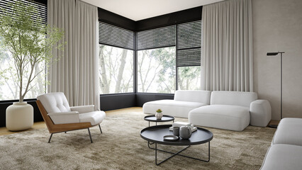 Minimalist Interior of modern living room 3D rendering