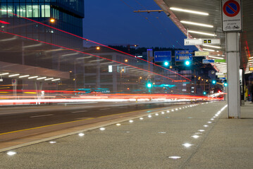 Railway, tram and bus station Hard Bridge at autumn night at City of Zürich. Photo taken October...