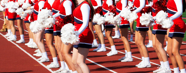 Cheerleaders cheering on the sidelines of a football game