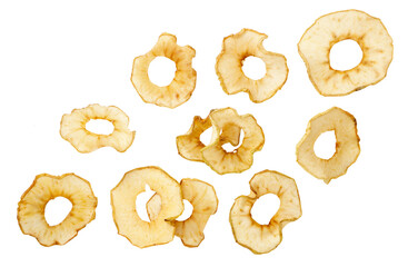 Apple chips are falling on a white background. Isolated