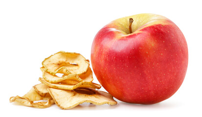 Apple chips heap and fresh apple on a white background. Isolated