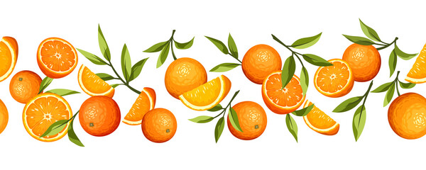 Vector horizontal seamless border with citrus orange fruit and green leaves.