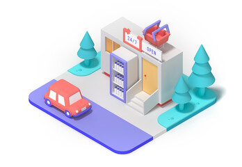 3d rendering of isolated 24 hour shop with machine and fridge in light colors