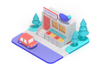 3D rendering icon of minimalistic grocery store with part of city isolated on white background