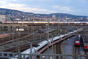 Aerial view of train at track field of Zürich main station on a sunny autumn evening. Photo taken October 9th, 2021, Zurich, Switzerland.