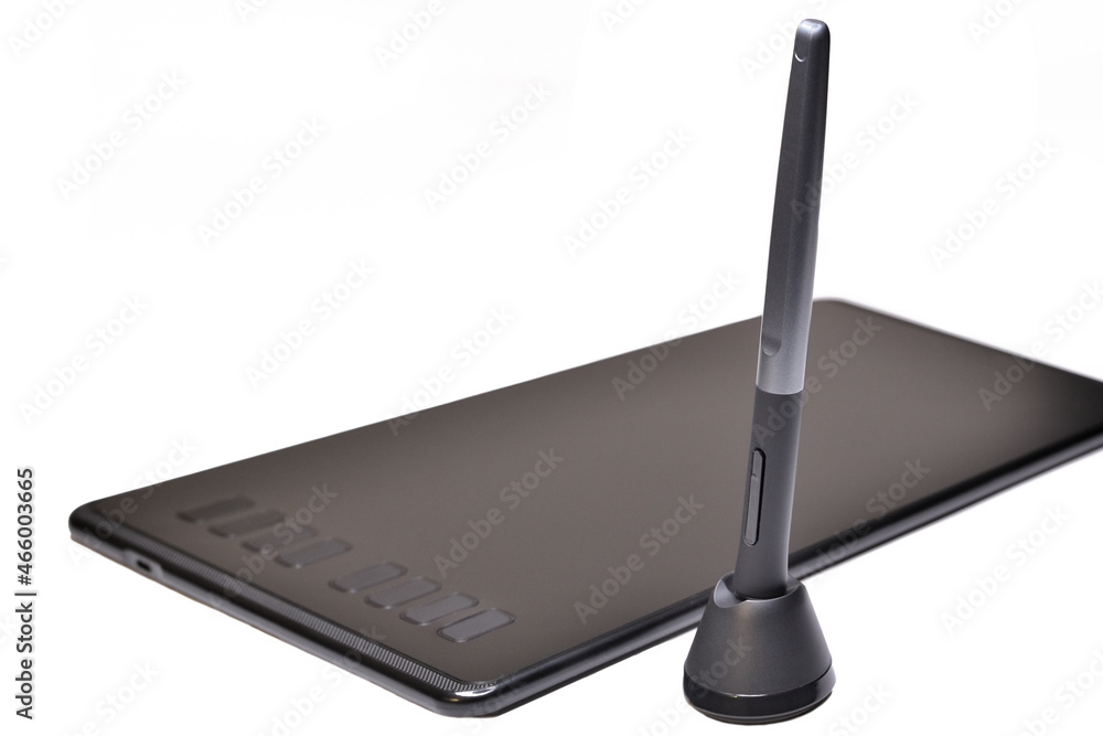 Fototapete digital pen and graphics tablet on white background. stylus and digital tablet as an computer input 