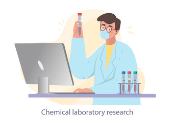 Man with flask. Character checks conformity of substance, searches for information in computer database. Doctor enters new results, chemical laboratory research. Cartoon flat vector illustration