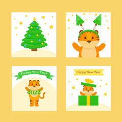 This is a set of new year cards with cute animals, a Christmas tree, gift box.