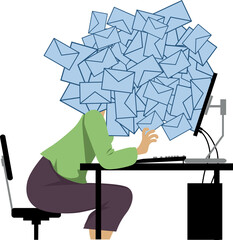 Avalanche of e-mail coming out of the computer, overwhelming a person, EPS 8 vector illustration