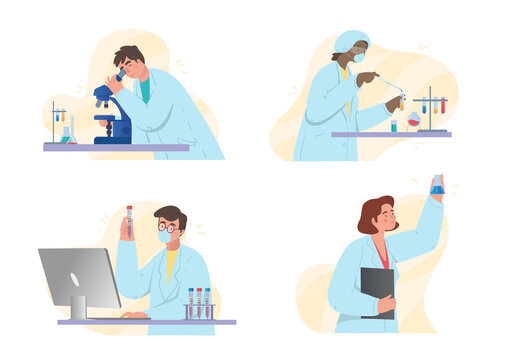 Chemical laboratory research set. Collection of images on which people conduct experiments. Students, doctors, researchers, medicine. Cartoon flat vector illustrations isolated on white background