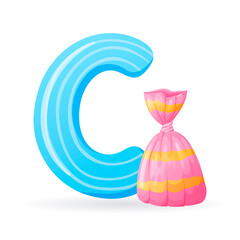 Vector isolated cartoon illustration of English alphabet letter C with picture of candy with wrapping paper.