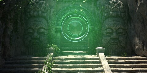Glowing green neon circle with a glass sphere inside between two stone heads in old sacred temple. Beautiful authentic landscape. 3D illustration.
