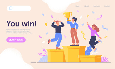 Concept of win. Characters standing on steps of pedestal. Champion stands with cup in his hands. Achievement of goals, success. Employee competition, award, prize. Cartoon flat vector illustration