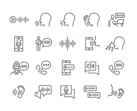 Black and white voice icons. Graphics for notifications, application development. Support avatar, call, singing, audio, silent mode. Cartoon flat vector illustration isolated on white background
