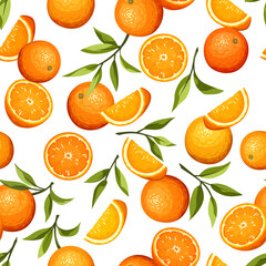 Vector seamless pattern with citrus orange fruit and green leaves on a white background.