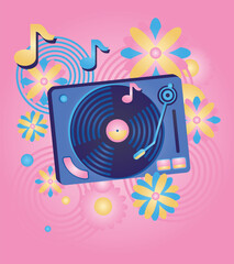 Music design - funky colorful turntable and notes