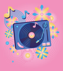 Fototapeta premium Music design - funky colorful turntable and notes