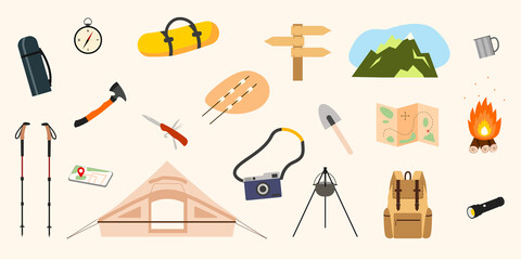 A set of items for hiking and camping. Tent, bowler hat, campfire, Nordic walking sticks, backpack, mountains, etc.