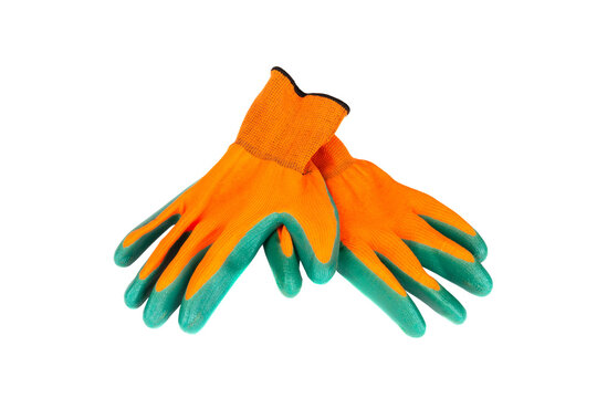 a pair of orange green protective gloves for gardening, construction and repair work isolated on a white background