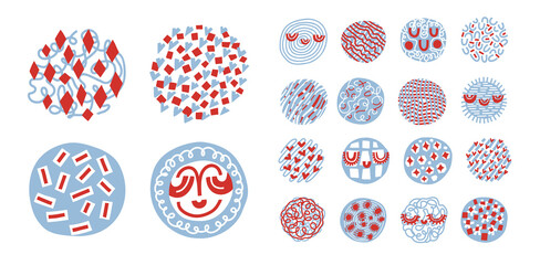 Abstract vector icons for social media, doodle highlight wallpapers with trendy simple geometry in red and blue. Design for prints, badges, packaging, covers, notebooks, cards, textile. All isolated.