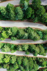 View from above, stunning aerial view of a serpentine road surrounded by green pine trees. Mount Limbara (Monte Limbara) Sardinia, Italy.