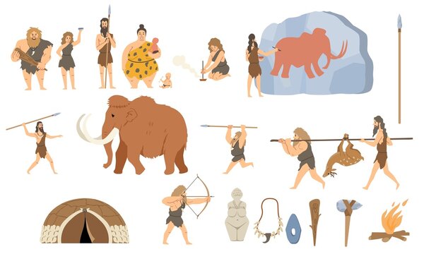 Primitive people hunt concept. Ancient wild people forage, cook, shoot arrows and draw mammoths in cave. Men and women in animal skins. Cartoon flat vector sticker set isolated on white background