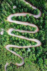 View from above, stunning aerial view of a serpentine road surrounded by green pine trees. Mount Limbara (Monte Limbara) Sardinia, Italy.