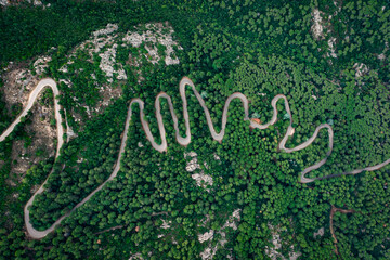View from above, stunning aerial view of a serpentine road surrounded by green pine trees. Mount...