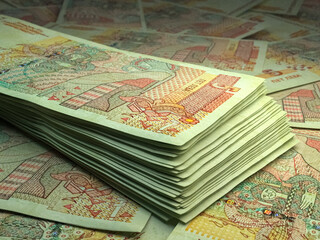 Bulgarian money. Bulgarian lev banknotes. 5 BGN levove bills.