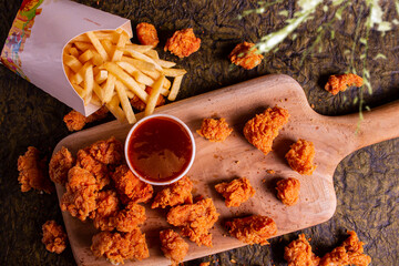Paper container with french fries and fried crispy chicken popcorn nuggets on marble background.Copy space - Powered by Adobe