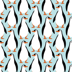 Seamless pattern with penguins on a blue background. Winter repeating wallpaper. Cartoon bird vector illustration. For print, paper, packaging, textile.